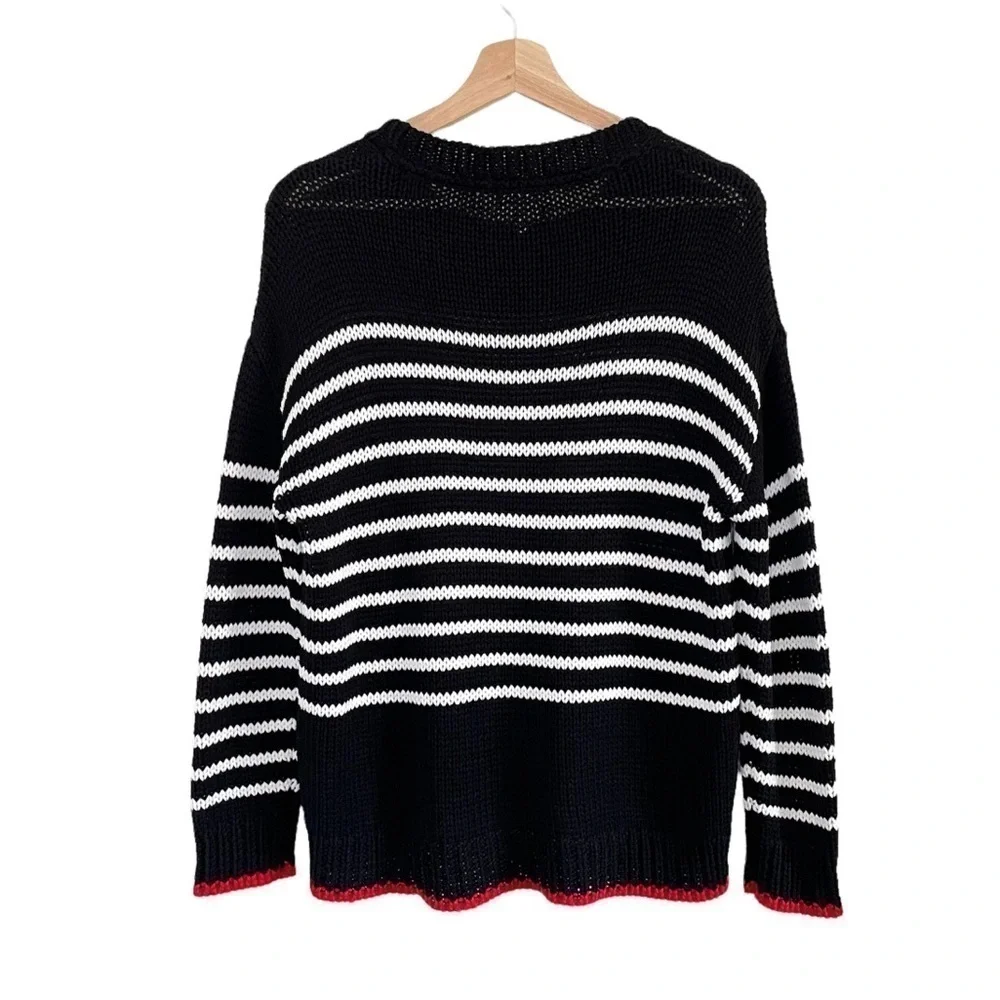 Sundry Wool Blend Relaxed Knit Pullover Sweater Black White Stripe Small